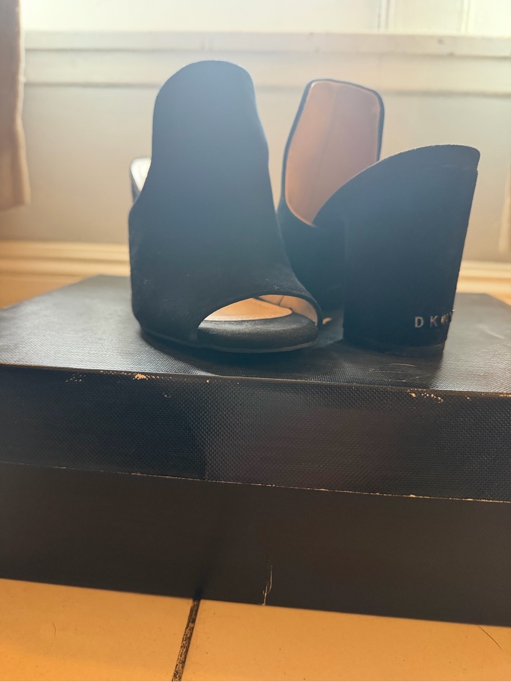 DKNY Black Suede Open-Toe Block Heel Mules
